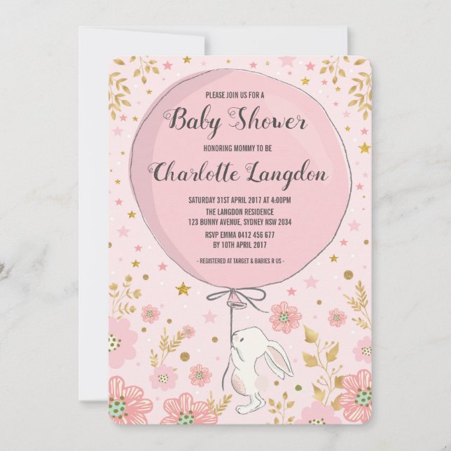 Invitation Lapin d'or rose Lapin Baby shower Tea Party (Devant)