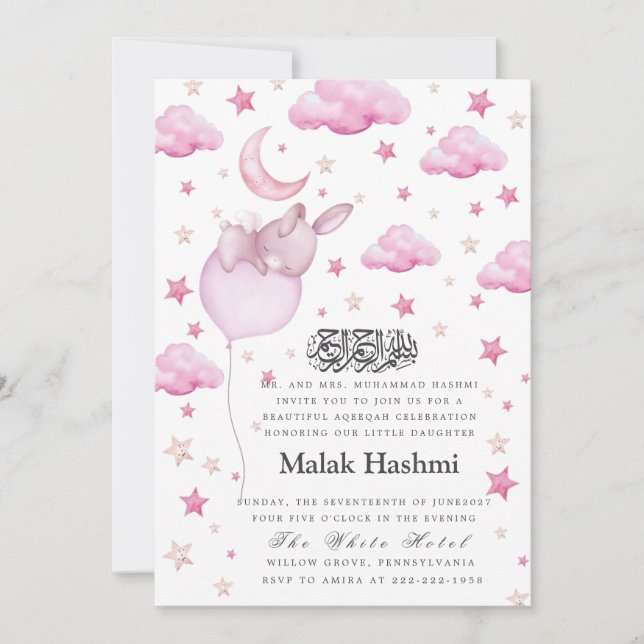 Invitation Lapin et Star Baby Girl Black Islamic Aqiqa Aqeeqa (Devant)