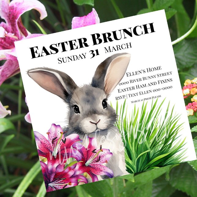 Invitation Lapin et Stargazer Lily pour Pâques (Easter bunny and stargazer lily on customizable Easter Brunch party invitations for Good Friday. )