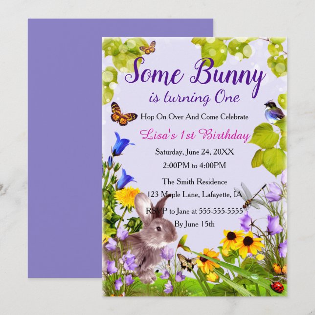 Invitation Lapin Floral 1er Anniversaire (Devant / Derrière)