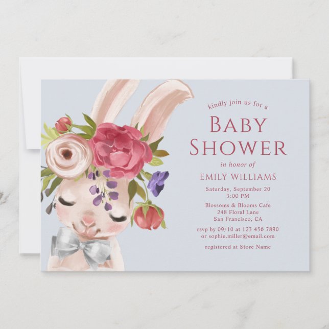 Invitation Lapin Floral Aquarelle Rabbit Baby shower mignon (Devant)