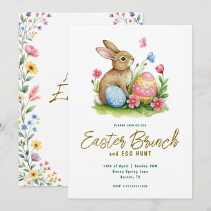 Invitation Lapin floral et œuf Aquarelle Brunch de Pâques 