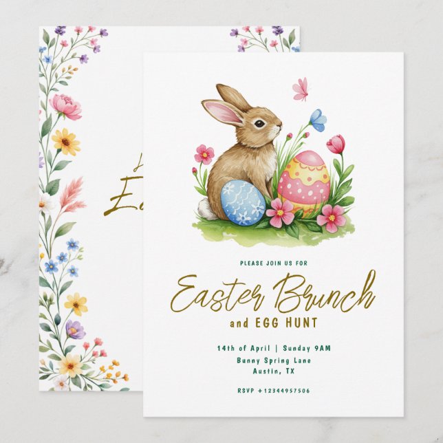 Invitation Lapin floral et œuf Aquarelle Pâques brunch  (Devant / Derrière)
