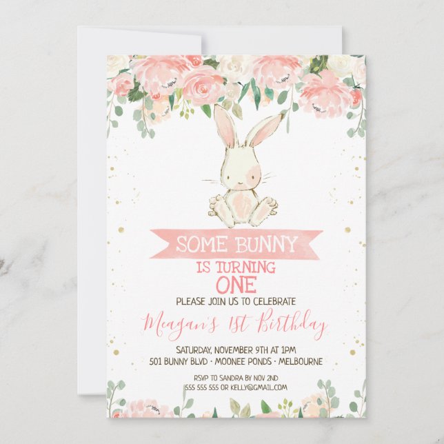 Invitation Lapin Floral Rose 1er anniversaire (Devant)