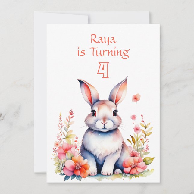 Invitation Lapin lapin en fleurs Fête d'anniversaire de la fi (Devant)