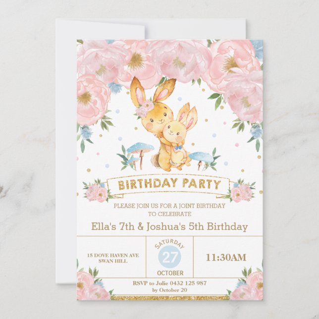 Invitation Lapin Lapin Floral Joint Anniversaire Soeur Frère (Devant)