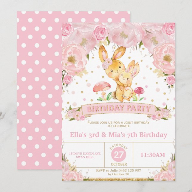 Invitation Lapin Lapin Floral Jumelles Soeurs d'Anniversaire (Devant / Derrière)