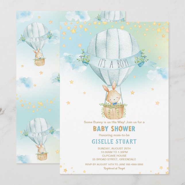 Invitation Lapin Lapin Hot Air Balloon Baby shower garçon (Devant / Derrière)