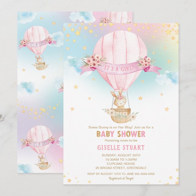Invitation Lapin Lapin Hot Air Balloon Baby shower Girl (Devant / Derrière)