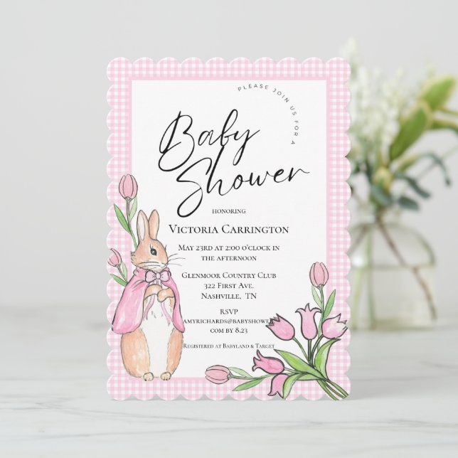 Invitation Lapin Lapin Rose En vichy Baby shower (Debout devant)