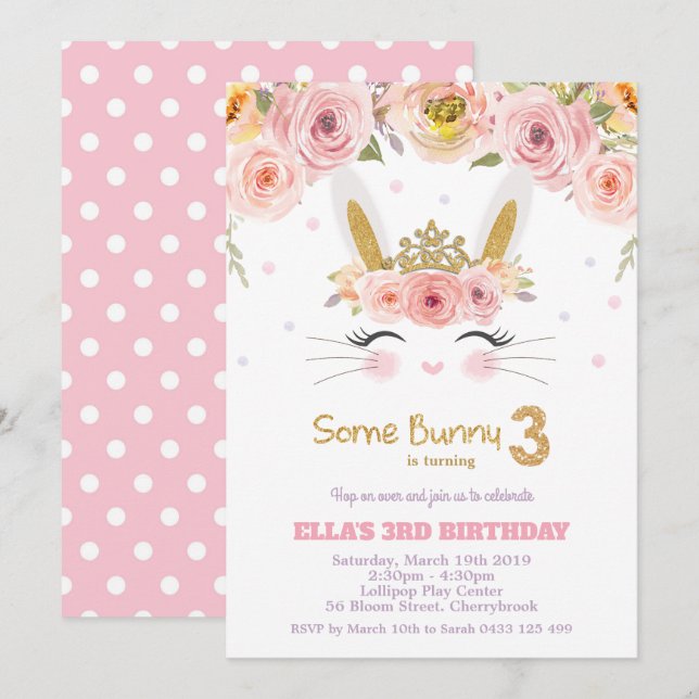 Invitation Lapin lapin rose floral mignon 3e anniversaire (Devant / Derrière)