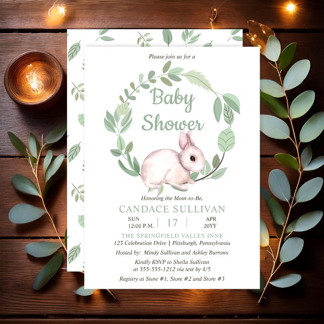 Invitation Lapin Lapin Sage Floral Wreath Baby shower garçon (Cute Easter Bunny Rabbit and Eucalyptus Wreath Sage Green Baby Shower - Print | Digital)