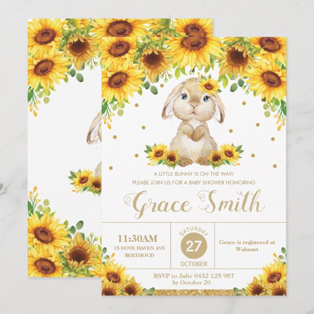 Invitation Lapin Lapin Tournesol Floral Baby shower fille (Devant / Derrière)