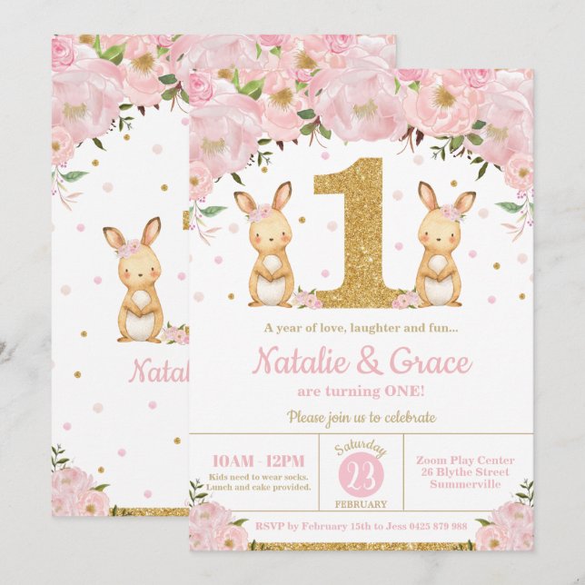 Invitation Lapin Lapin Twin Girls 1er Anniversaire Fête Twins (Devant / Derrière)