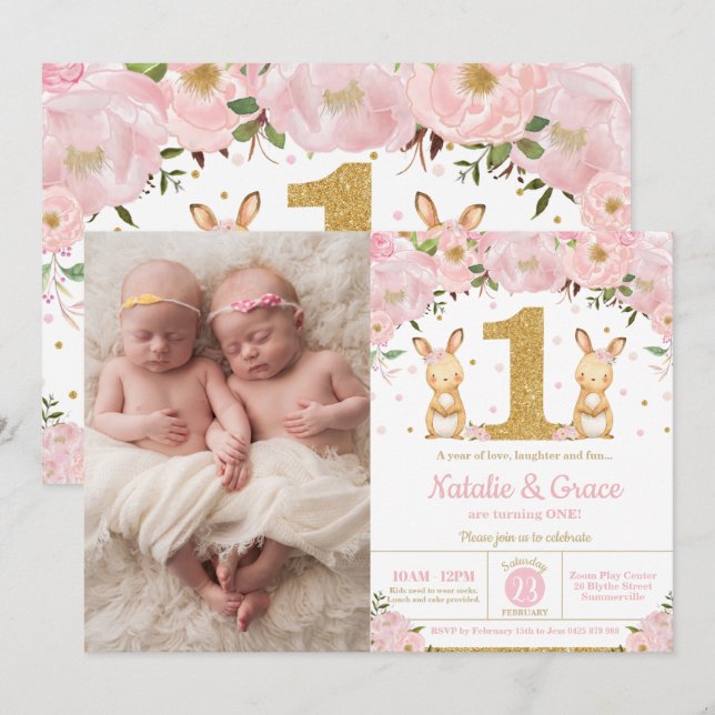 Invitation Lapin Lapin Twin Girls 1er Anniversaire Twins Phot (Devant / Derrière)
