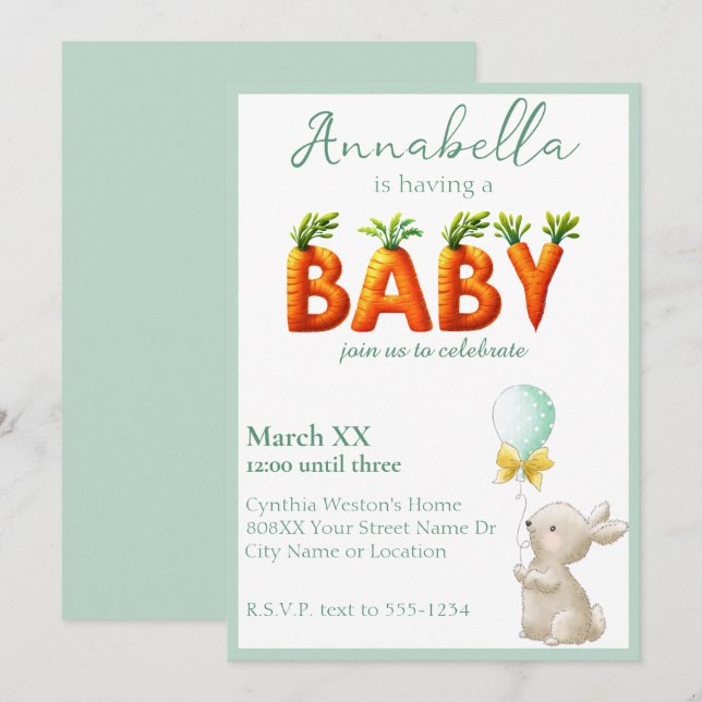 Invitation Lapin mignon avec Baby shower de ballons et carott (Devant / Derrière)