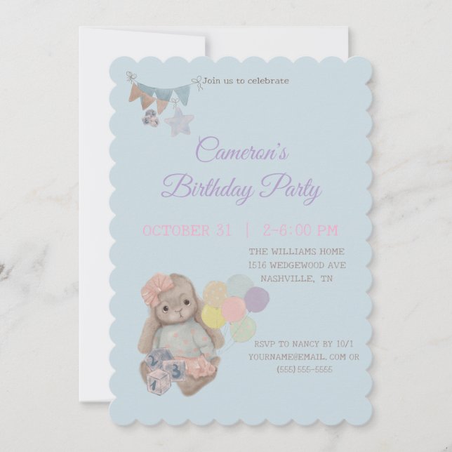 Invitation lapin mignon dans une robe avec des ballons (Devant)
