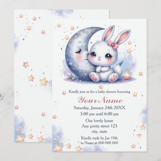 Invitation lapin mignon et le baby shower de la lune (Devant / Derrière)
