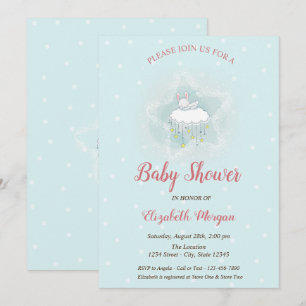 Invitation Lapin mignon, Nuage, Étoiles Points Bleus Baby Sho