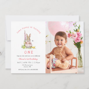 Invitation Lapin mignon rose fille bébé 1er anniversaire Phot