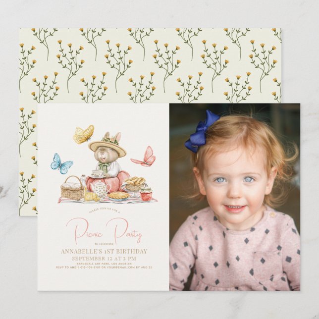 Invitation Lapin & Papillons Pique-nique Fille 1er Anniversai (Devant / Derrière)