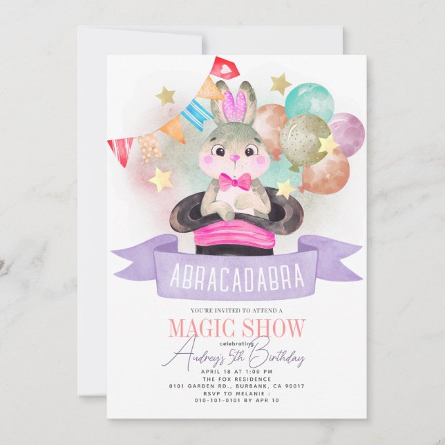 Invitation Lapin Rabbit Magicien Magie Show Fille Anniversair (Devant)