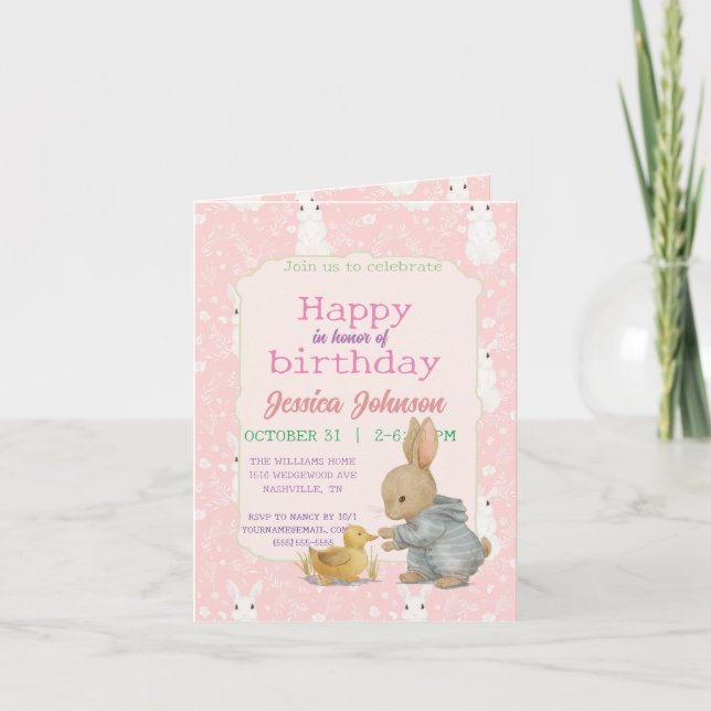 Invitation Lapin Rose fille (Devant)