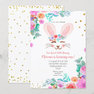 Invitation Lapin rose Floral Doux 1er anniversaire