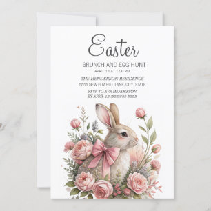 Invitation Lapin rose Pâques brunch chasse aux œufs
