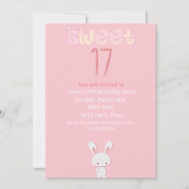 Invitation lapin rose sucré dix-sept anniversaire (Devant)