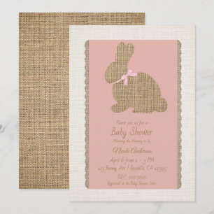Invitation Lapin rustique rose et toile de jute Fête prénatal