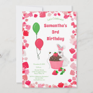 Invitation Lapin sucré et fraise Cupcake Fille Anniversaire