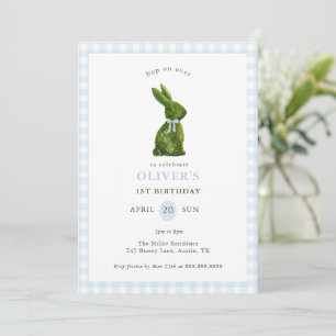 Invitation Lapin topiaire mignon bleu Gingham Anniversaire 