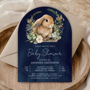 Invitation Lapin Vert Sauge Floral Bleu Marine Arche Baby Sho