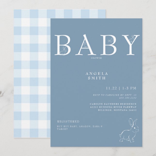 Invitation Lapins blancs Baby shower bleu clair En vichy (Devant / Derrière)