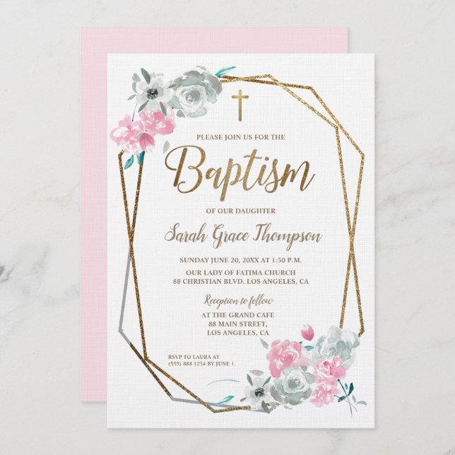 Invitation L'aquarelle de Boho fleurit le baptême de roses (Devant / Derrière)