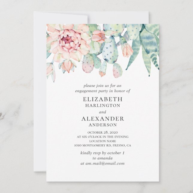 Invitation L'aquarelle succulent mariage. Fiançailles Cactus (Devant)