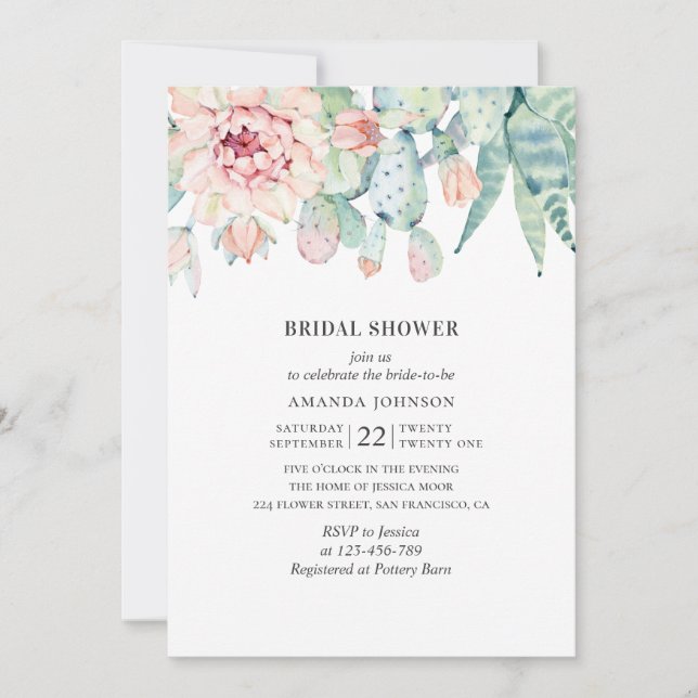 Invitation L'aquarelle succulente douche nuptiale. Cactus flo (Devant)