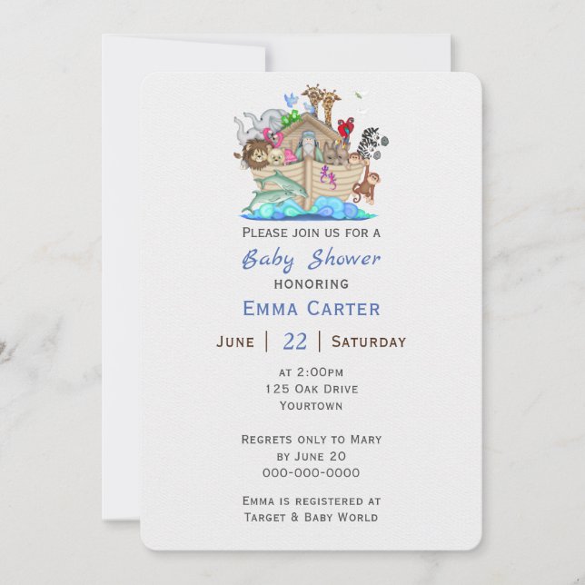 Invitation L'arche de Noé avec Baby shower animalier (Devant)