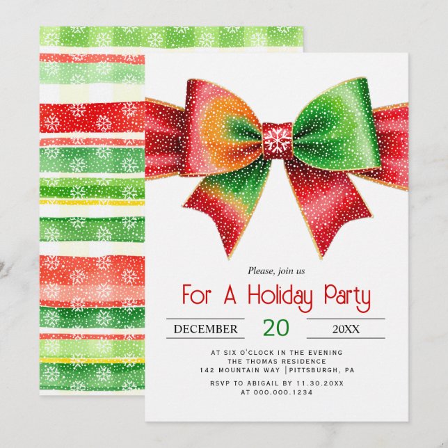 Invitation Large red and green bow christmas holiday party (Devant / Derrière)