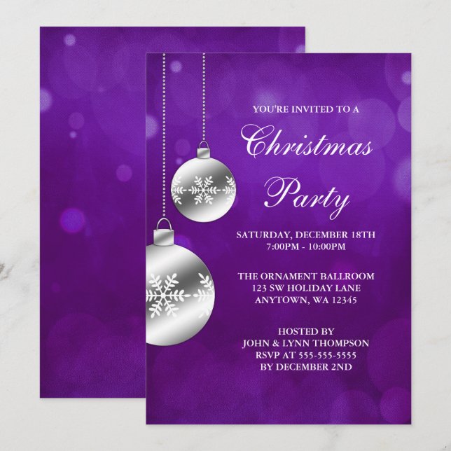 Invitation L'argent ornemente la fête de Noël pourpre de (Devant / Derrière)