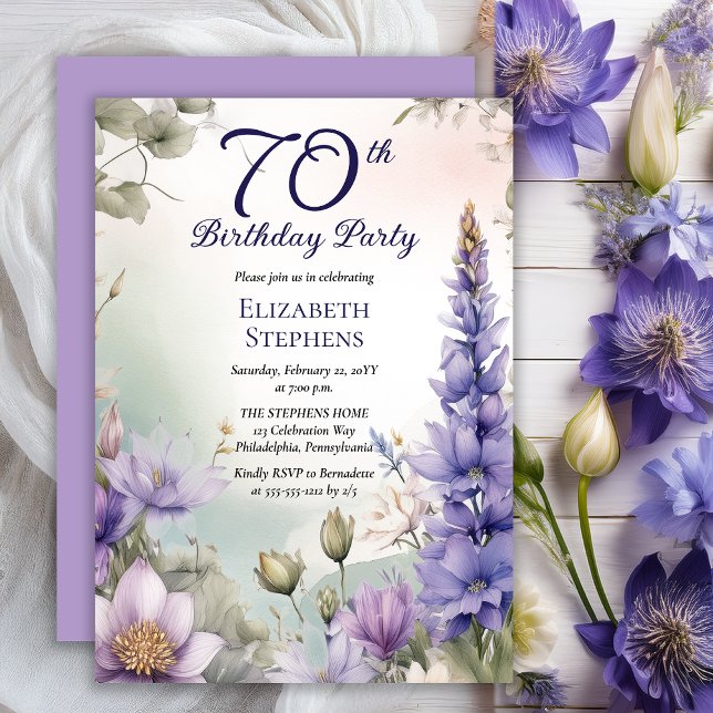 Invitation Larkspur | Water Lily Floral 70th Birthday Party (Elegant Boho Larkspur and Water Lilies Floral 70th Birthday Party Invitation - Print | Digital)