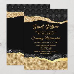 Invitation Larmes à cristaux noir et or Sweet sixteen