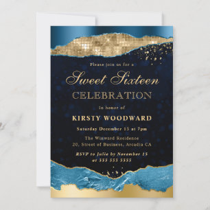 Invitation Larmes de Glam Bleu et Or pour un Sweet Sixteen