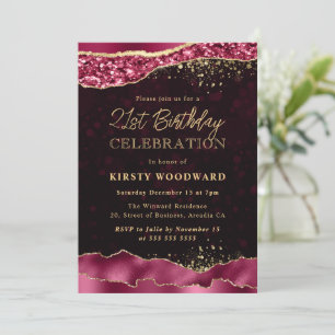 Invitation Larmes de glamour bordeaux et or pour 21 ans