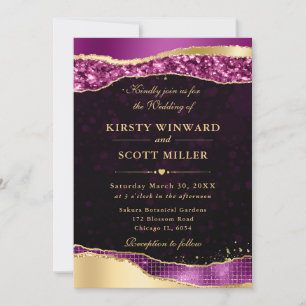 Invitation Larmes de glamour violet et or Bokeh de mariage