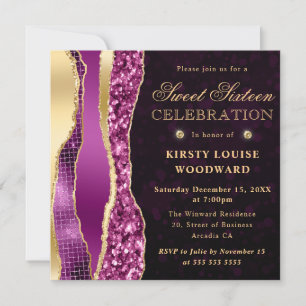 Invitation Larmes de glamour violet et or Bokeh Sweet Sixteen