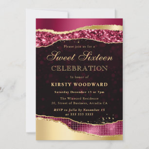 Invitation Larmes de Sweet Sixteen Glamour Bourguignon et Or