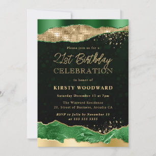Invitation Larmes Pailletées Vert et Or Glam 21e Anniversaire