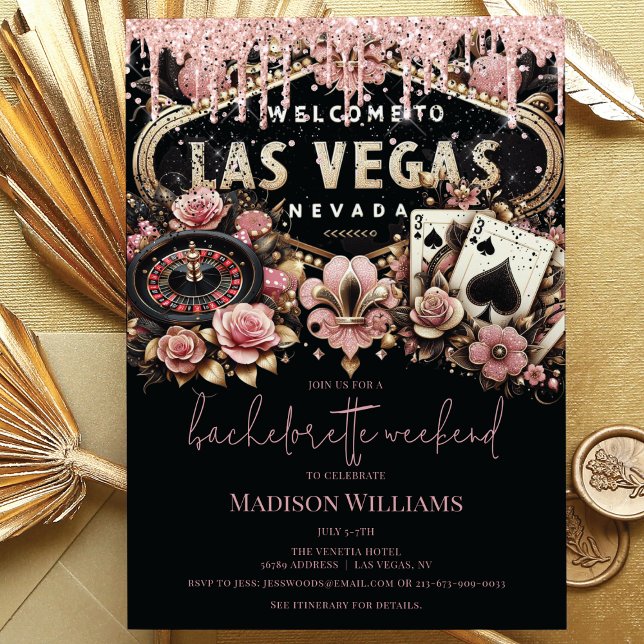 Invitation Las Vegas Bachelorette Luxe Black Pink Gold (Créateur téléchargé)
